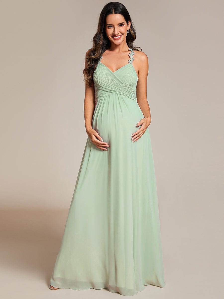 Backless Floral Halter Neck Pleated Bridesmaid Dress with V-Neck #color_Mint Green