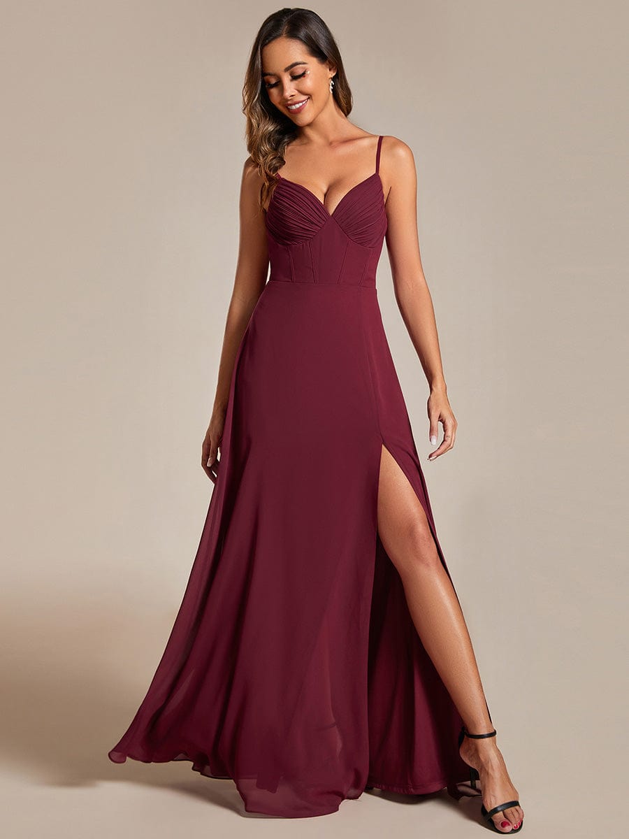 V-Neck Spaghetti Strap Chiffon Bridesmaid Dress with High Slit #color_Burgundy