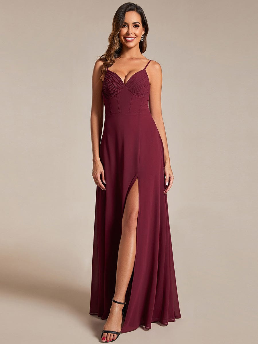 V-Neck Spaghetti Strap Chiffon Bridesmaid Dress with High Slit #color_Burgundy