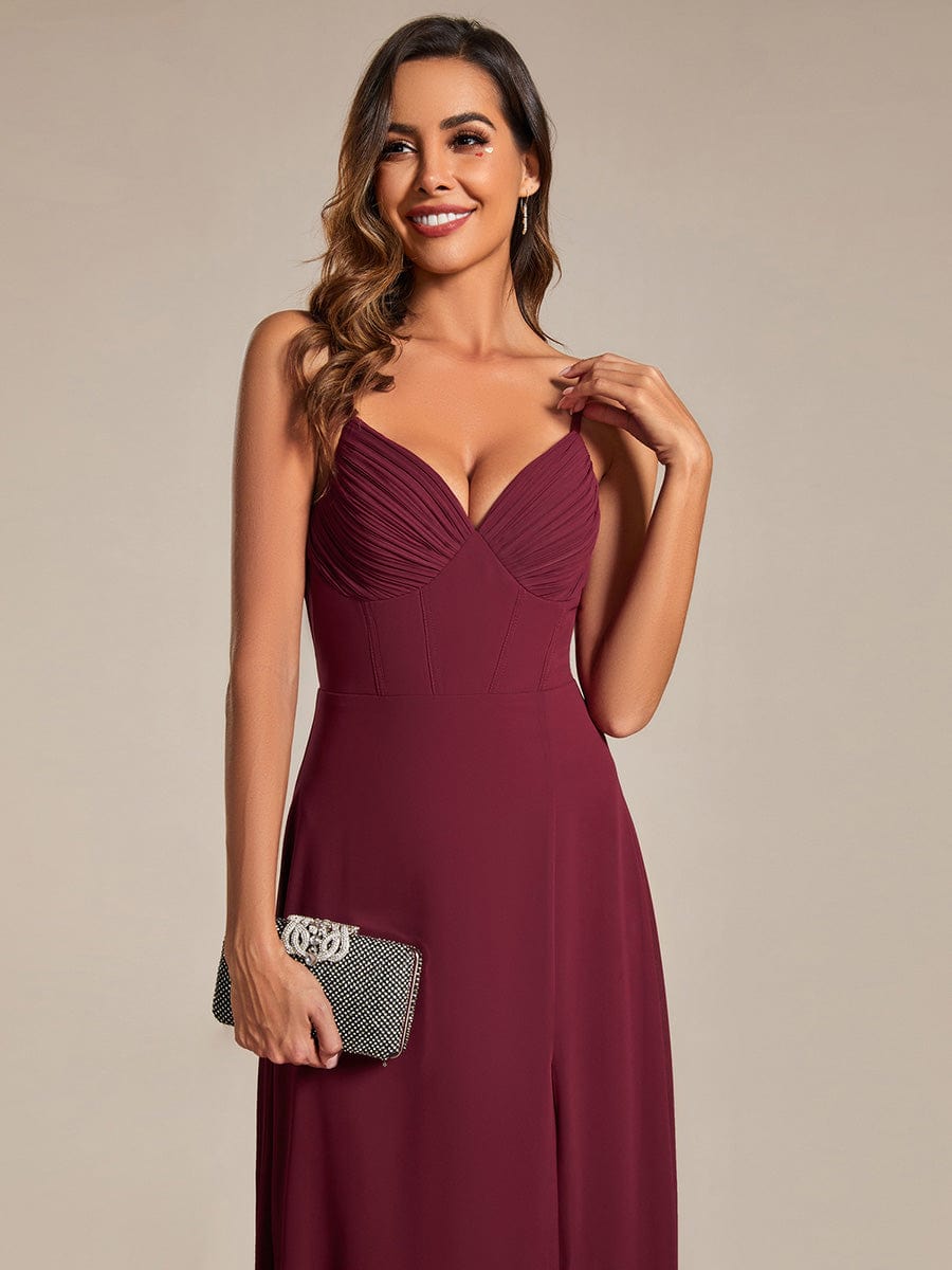 V-Neck Spaghetti Strap Chiffon Bridesmaid Dress with High Slit #color_Burgundy