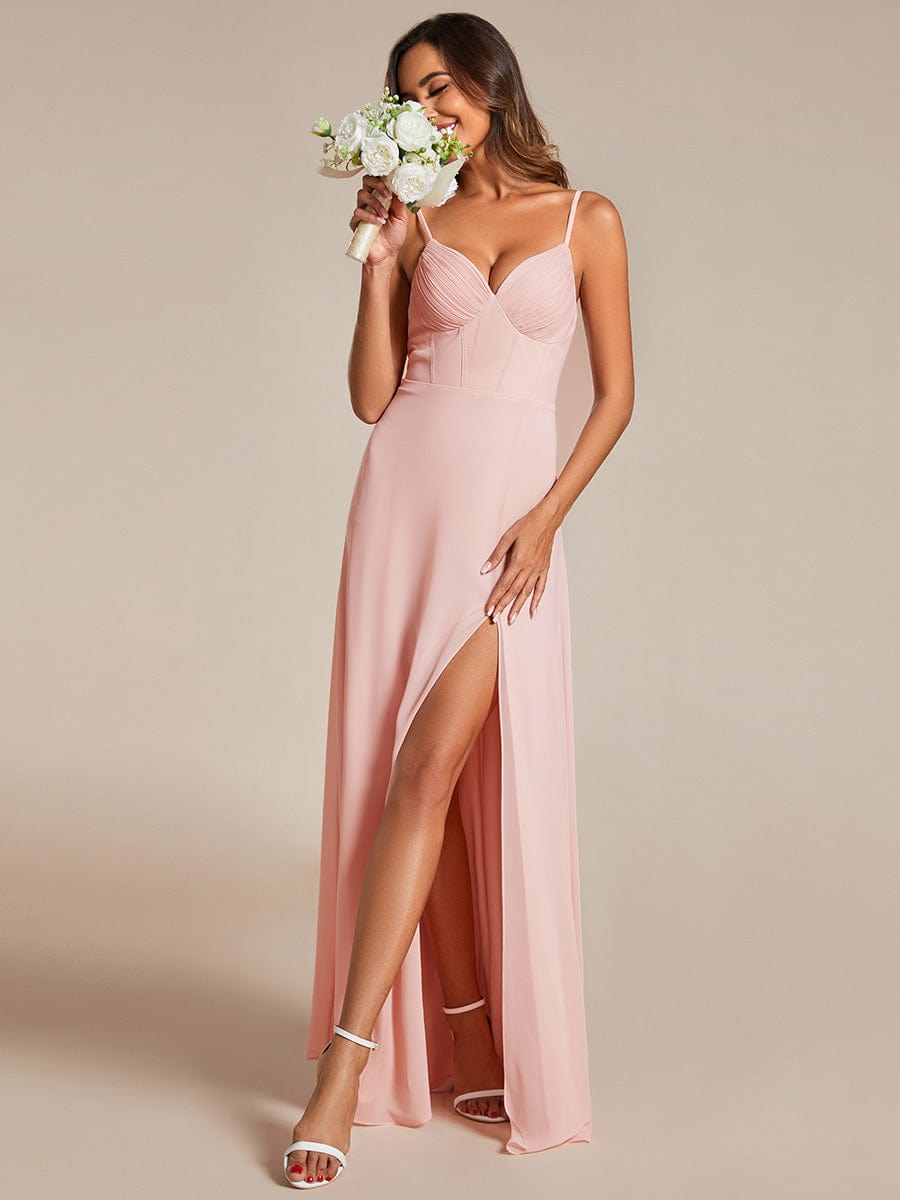 V-Neck Spaghetti Strap Chiffon Bridesmaid Dress with High Slit #color_Pink