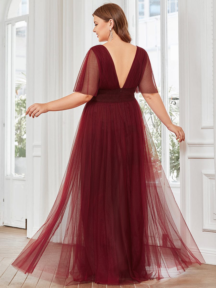 Plus Size A-Line Short Sleeve V-Neck Tulle Bridesmaid Dress #Color_Burgundy