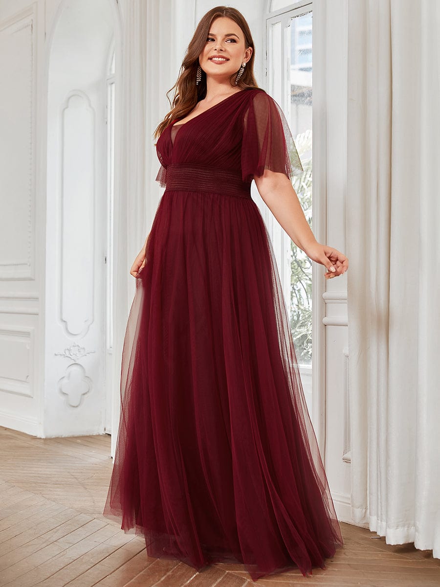 Plus Size A-Line Short Sleeve V-Neck Tulle Bridesmaid Dress #Color_Burgundy