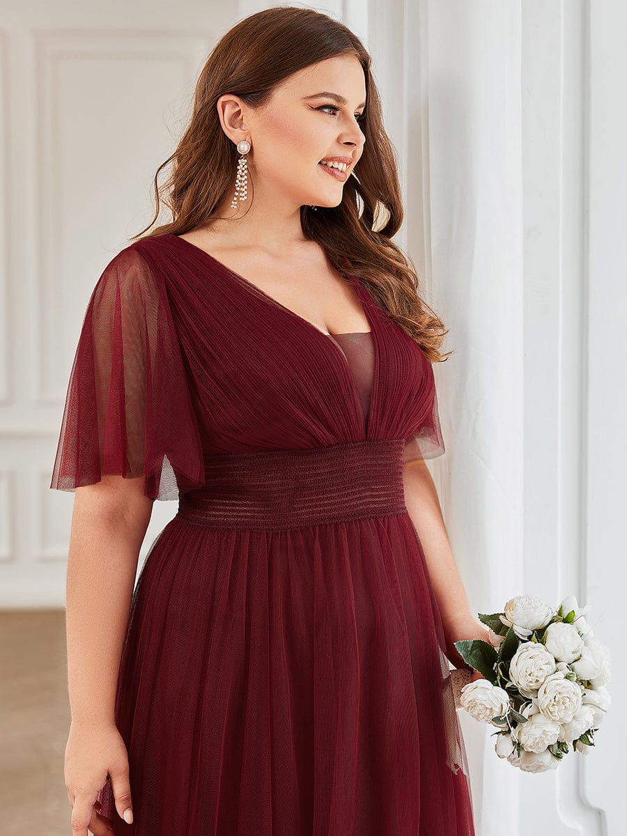 Plus Size A-Line Short Sleeve V-Neck Tulle Bridesmaid Dress #Color_Burgundy