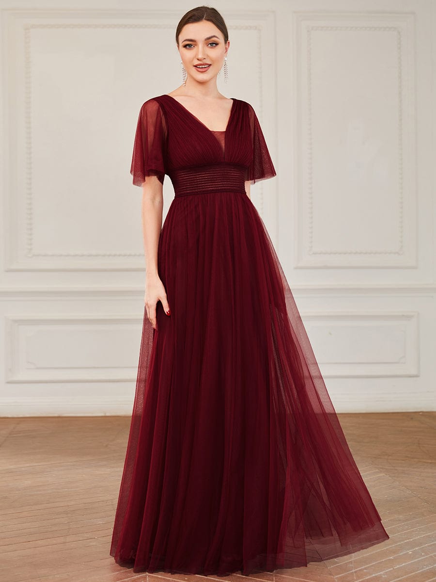 Pleated A-Line Short Sleeve Double V-Neck Tulle Bridesmaid Dress #Color_Burgundy