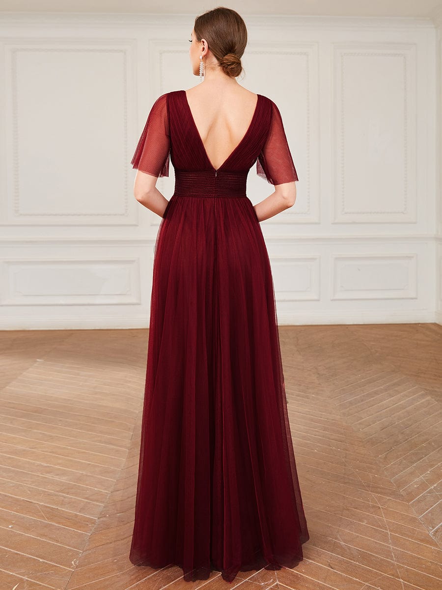 Pleated A-Line Short Sleeve Double V-Neck Tulle Bridesmaid Dress #Color_Burgundy