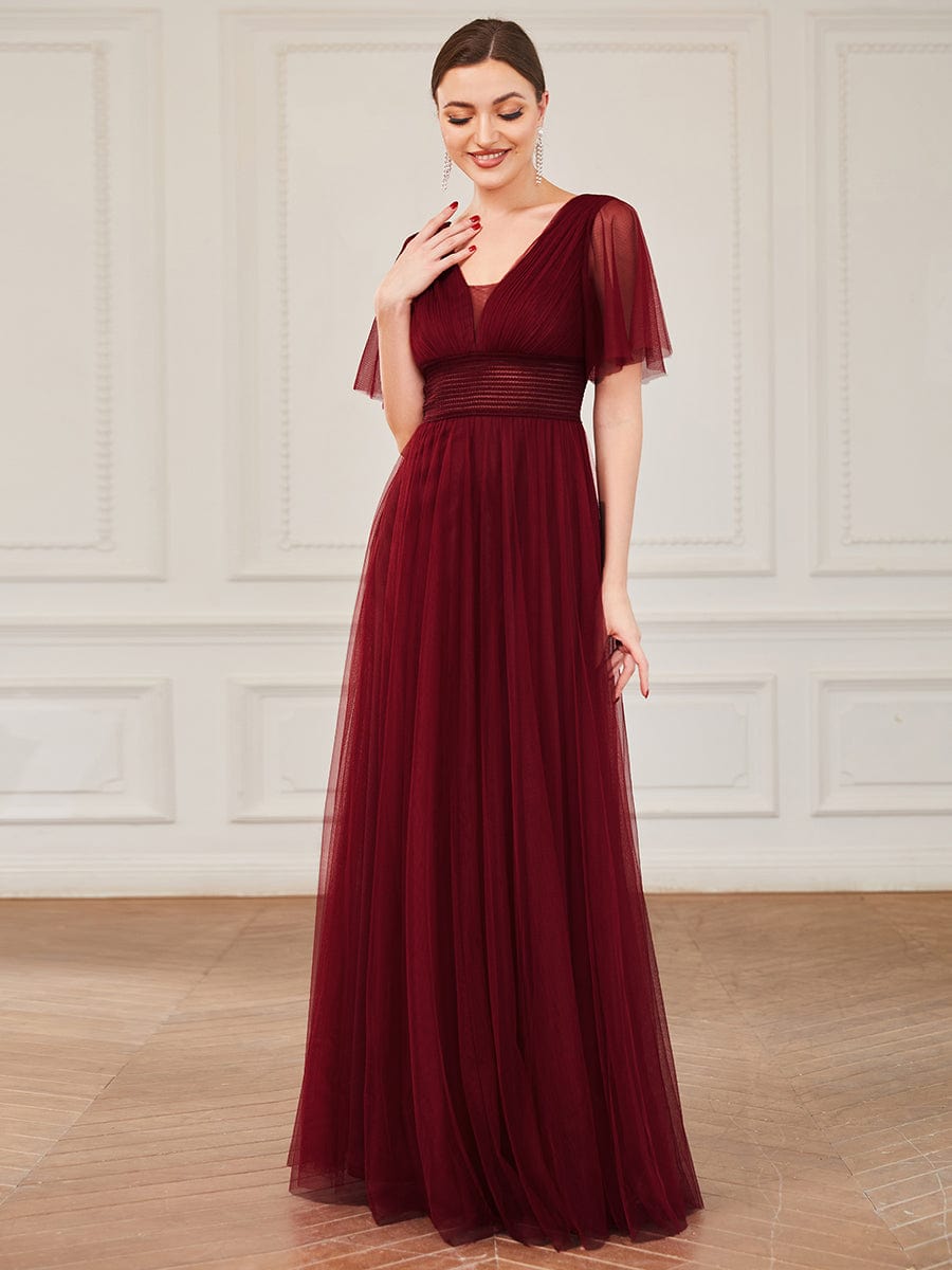 Pleated A-Line Short Sleeve Double V-Neck Tulle Bridesmaid Dress #Color_Burgundy