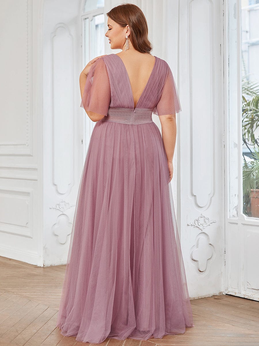 Pleated A-Line Short Sleeve Double V-Neck Tulle Bridesmaid Dress #Color_Purple Orchid