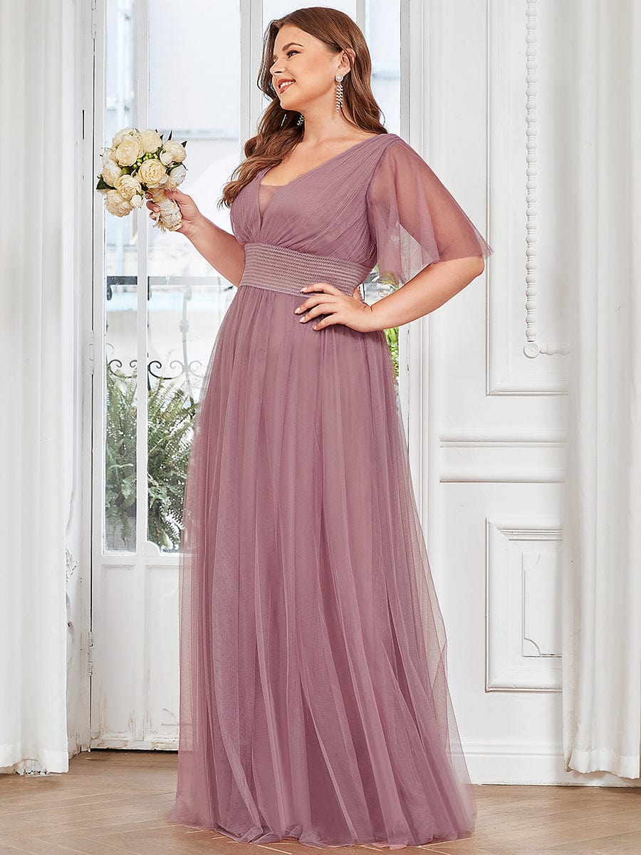 Plus Size A-Line Short Sleeve V-Neck Tulle Bridesmaid Dress #Color_Purple Orchid