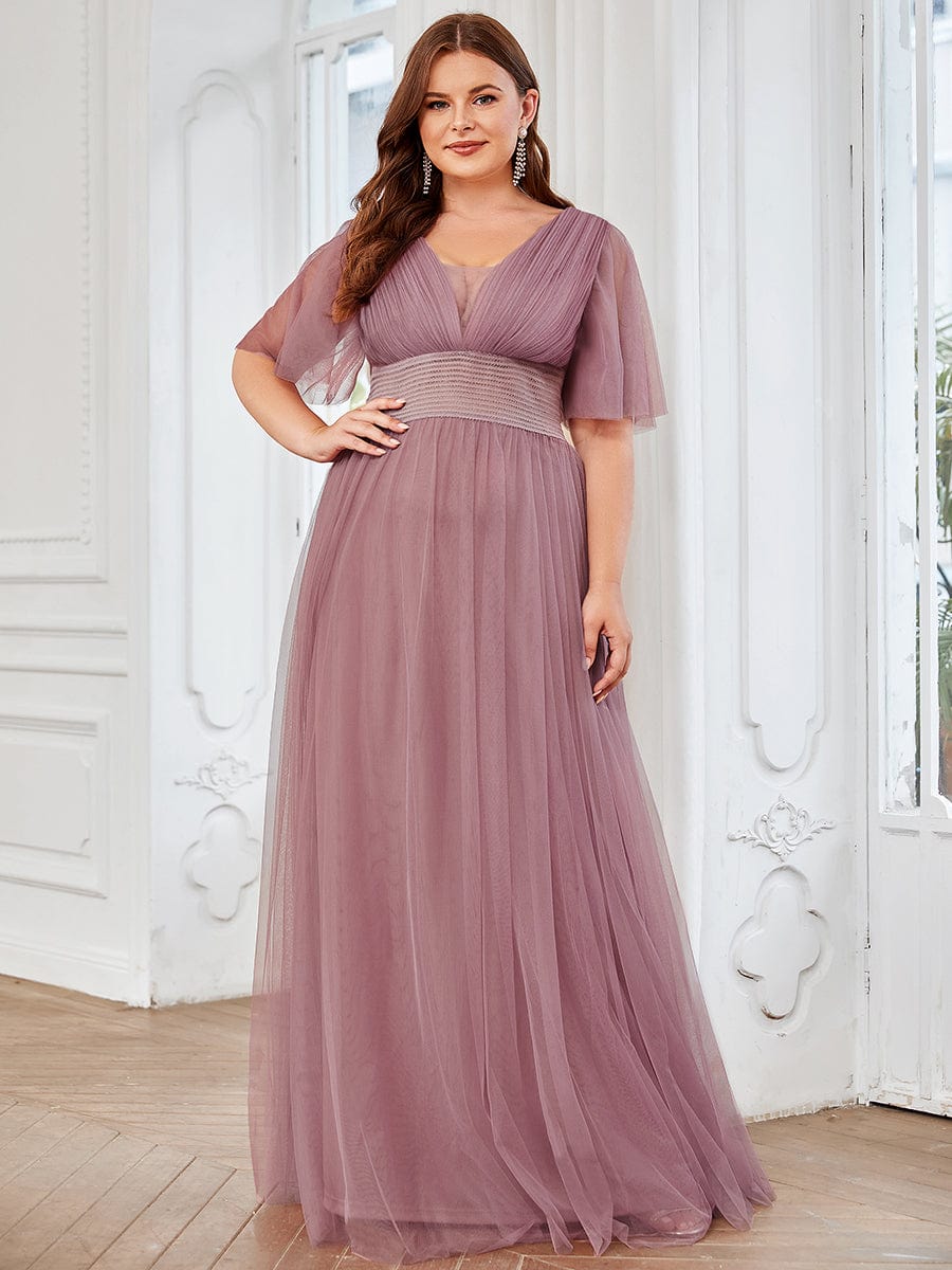 Pleated A-Line Short Sleeve Double V-Neck Tulle Bridesmaid Dress #Color_Purple Orchid