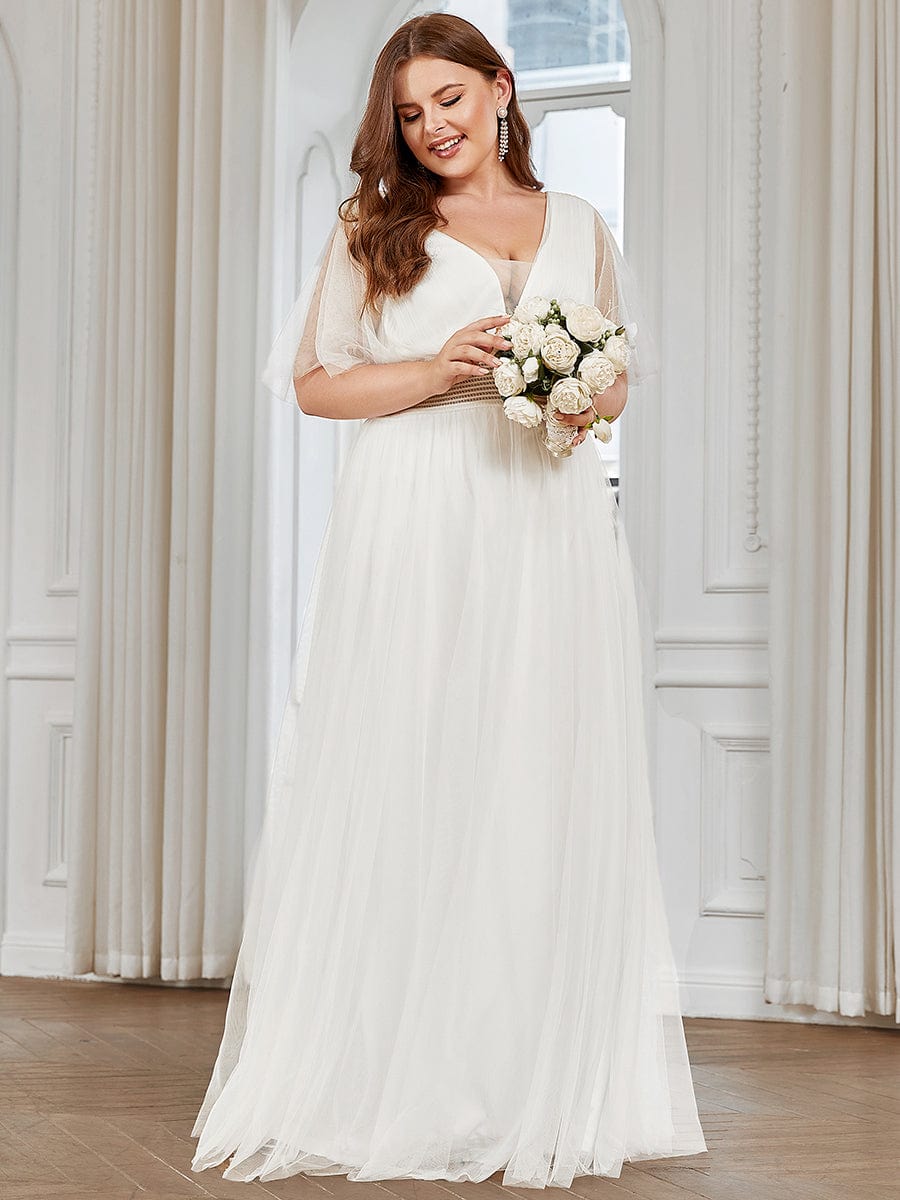 Pleated A-Line Short Sleeve Double V-Neck Tulle Bridesmaid Dress #Color_White