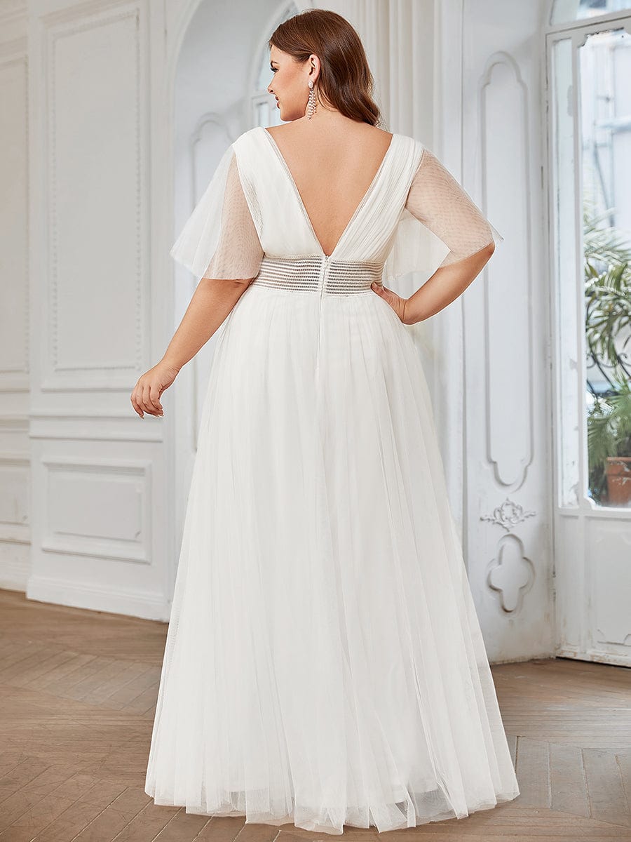 Plus Size A-Line Short Sleeve V-Neck Tulle Bridesmaid Dress #Color_White