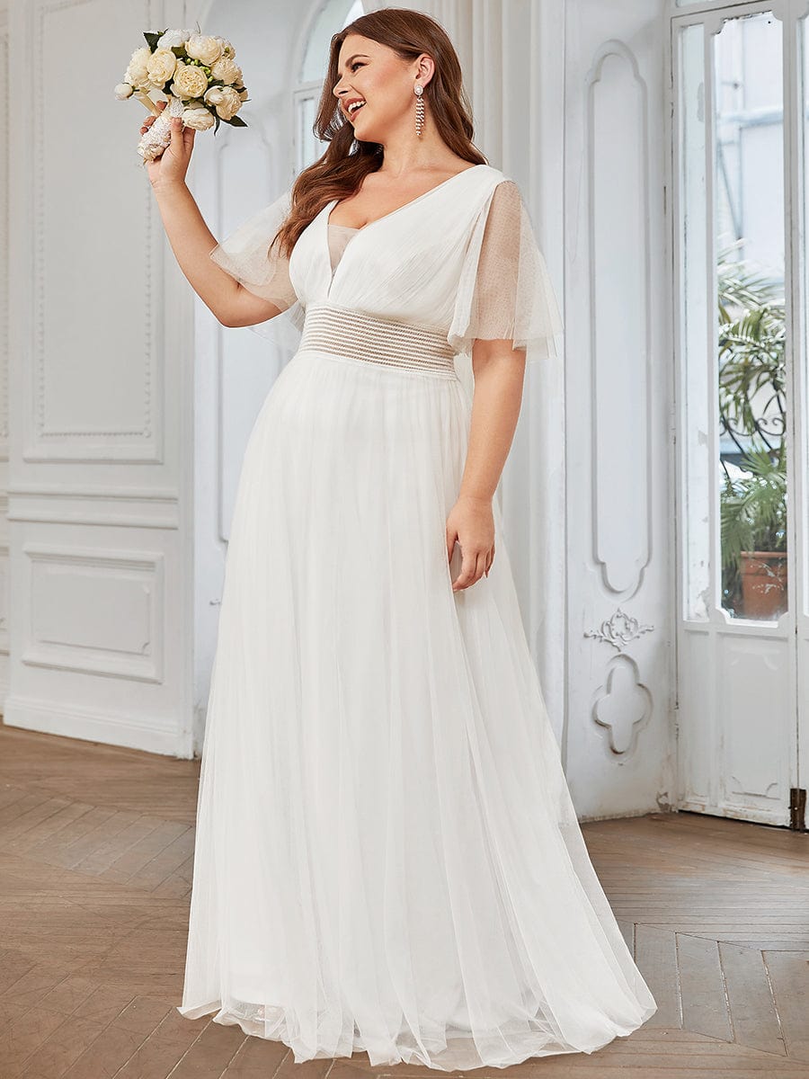 Plus Size A-Line Short Sleeve V-Neck Tulle Bridesmaid Dress #Color_White