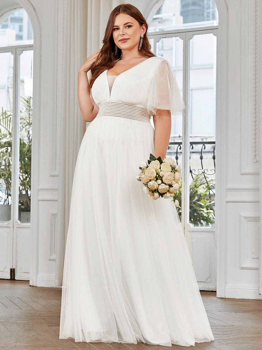 Plus Size A-Line Short Sleeve V-Neck Tulle Bridesmaid Dress #Color_White