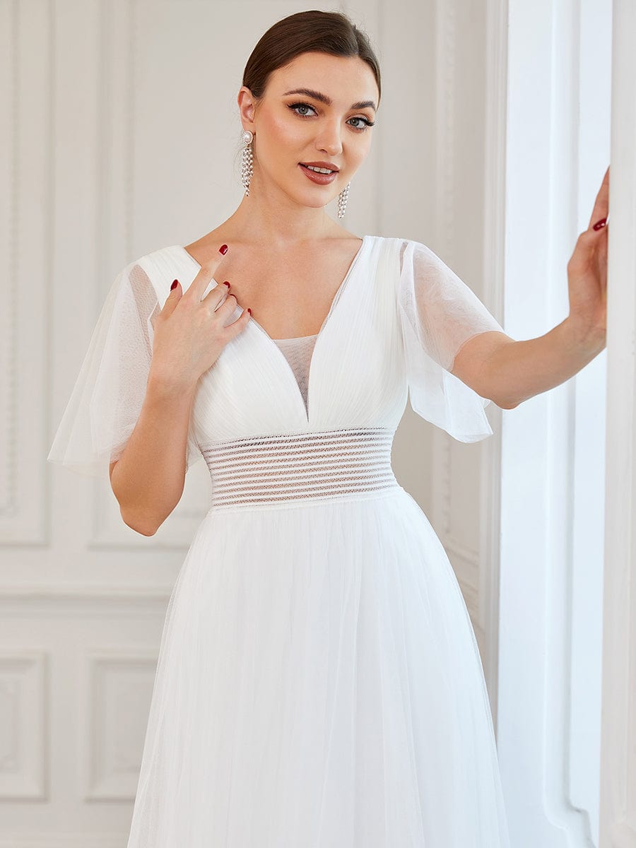 Pleated A-Line Short Sleeve Double V-Neck Tulle Bridesmaid Dress #Color_White
