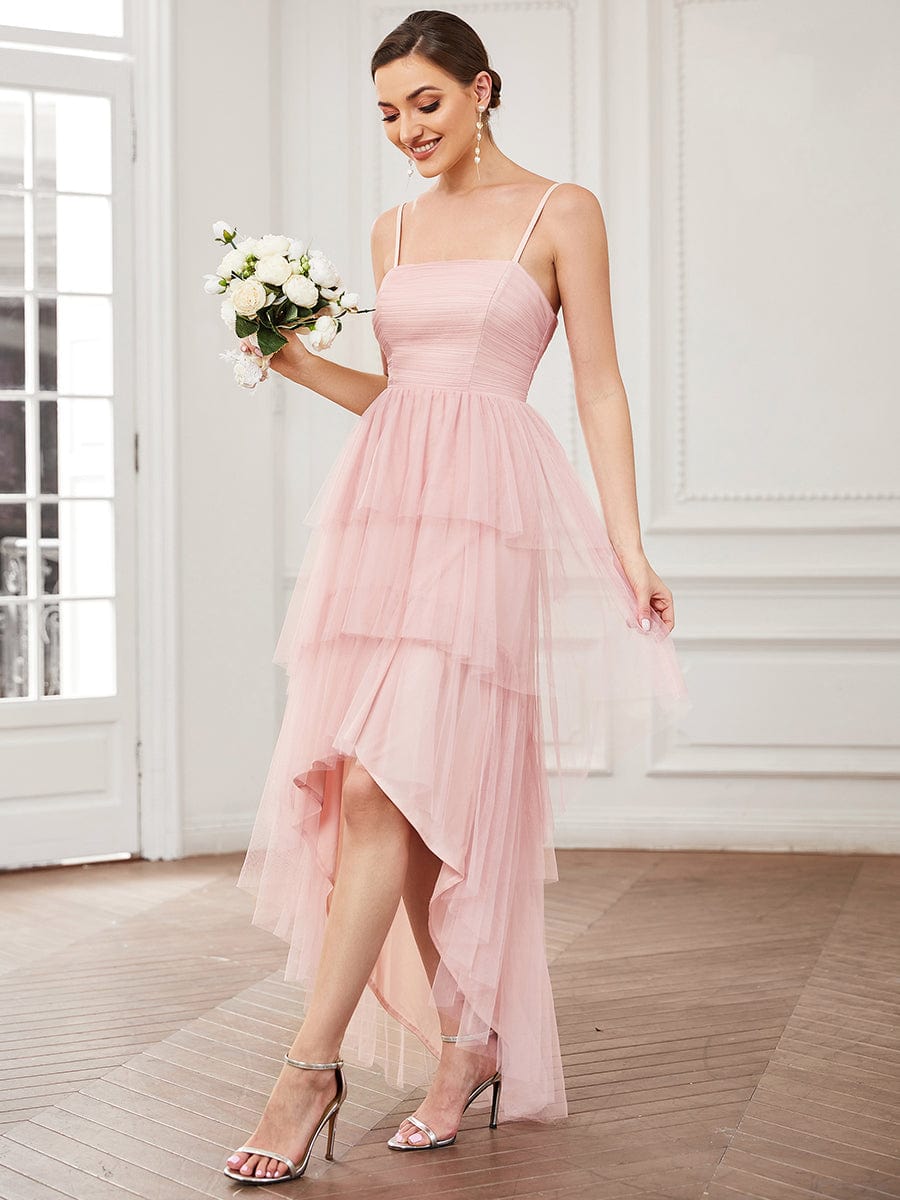 Tulle Spaghetti Strap High-Low Ruffled Bridesmaid Dress #Color_Pink