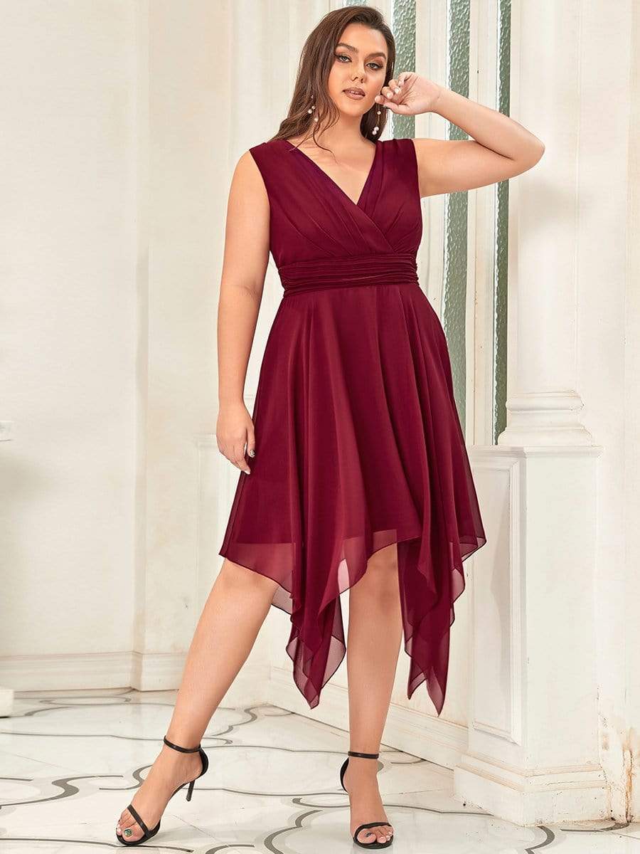 Plus Size Knee Length Asymmetrical Hem Chiffon Bridesmaid Dress #color_Burgundy