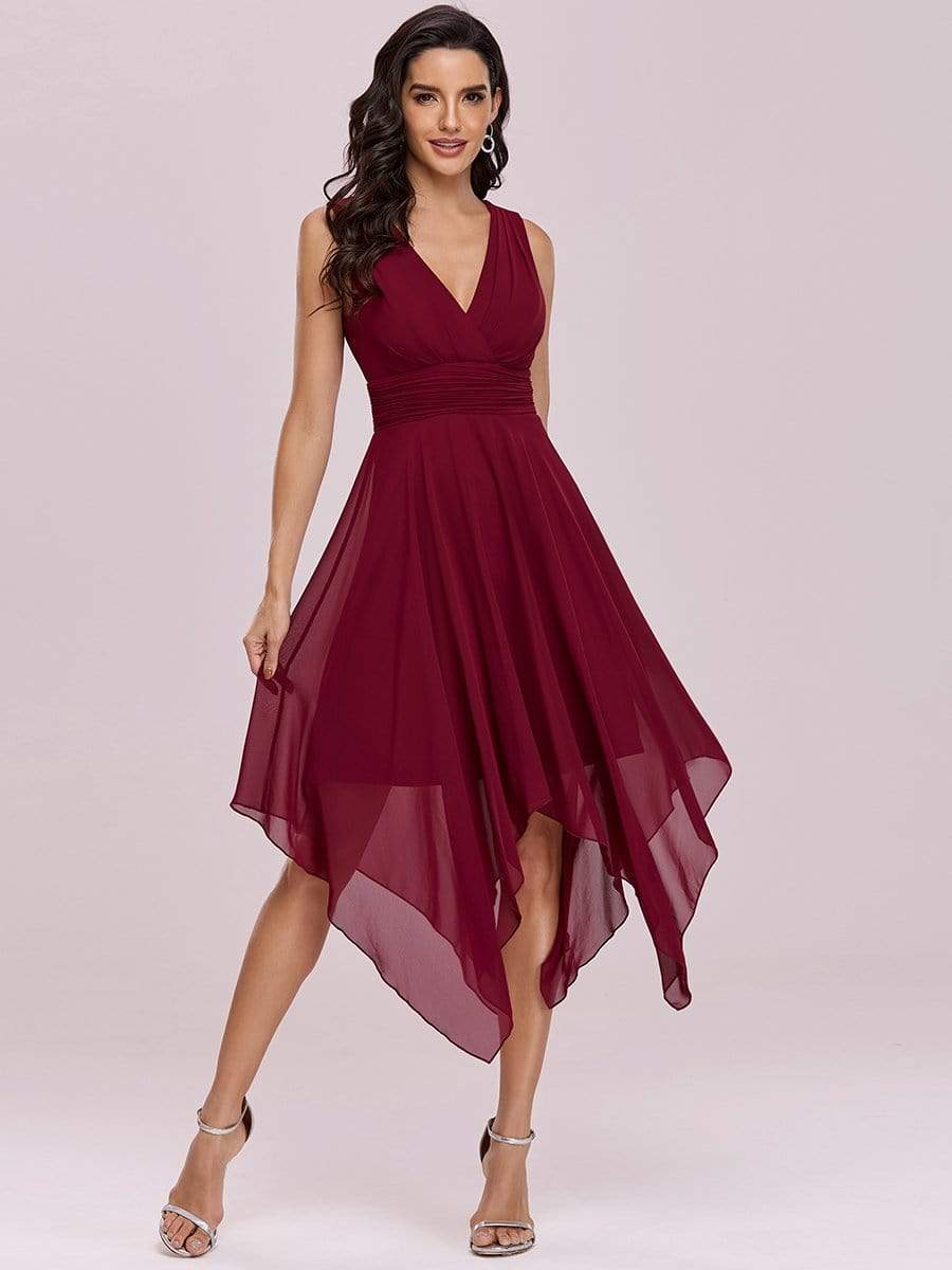 Custom Size Knee Length Chiffon Bridesmaid Dress with Irregular Hem #color_Burgundy