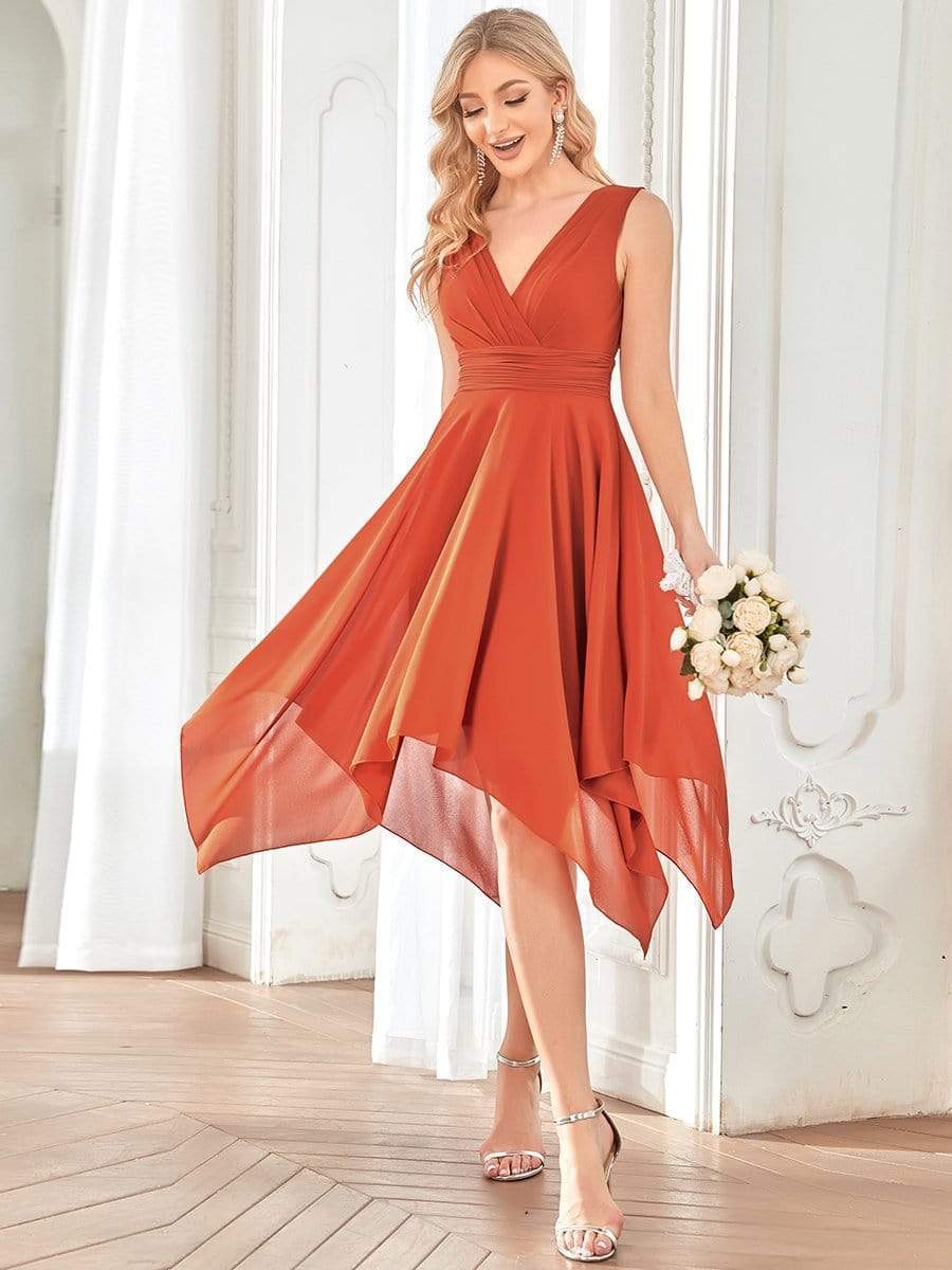 Custom Size Knee Length Chiffon Bridesmaid Dress with Irregular Hem #color_Burnt Orange