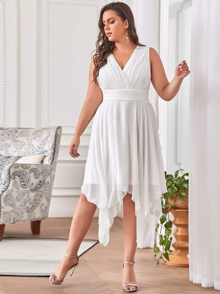 Plus Size Knee Length Asymmetrical Hem Chiffon Bridesmaid Dress #color_Cream