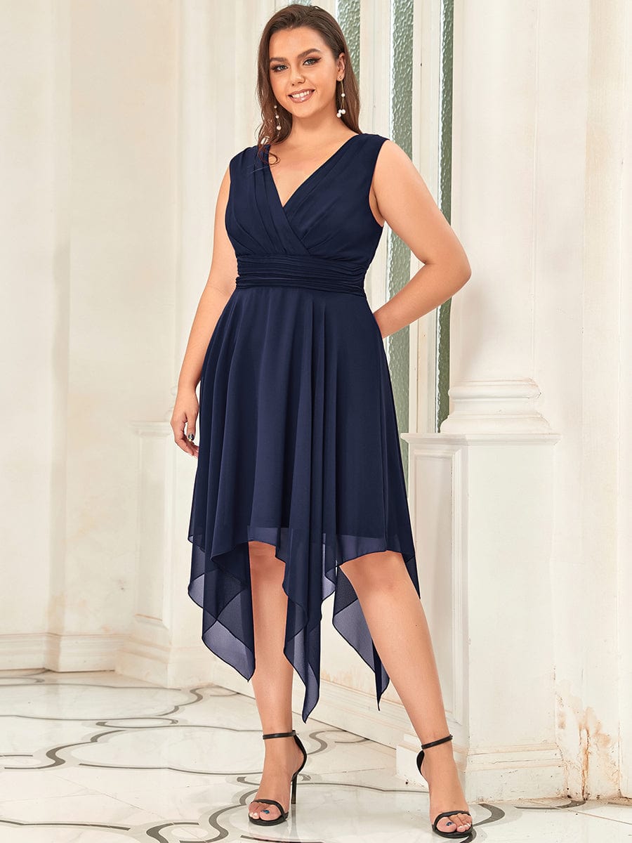 Simple V-Neck Irregular Hem Chiffon Midi Bridesmaid Dress #color_Navy Blue