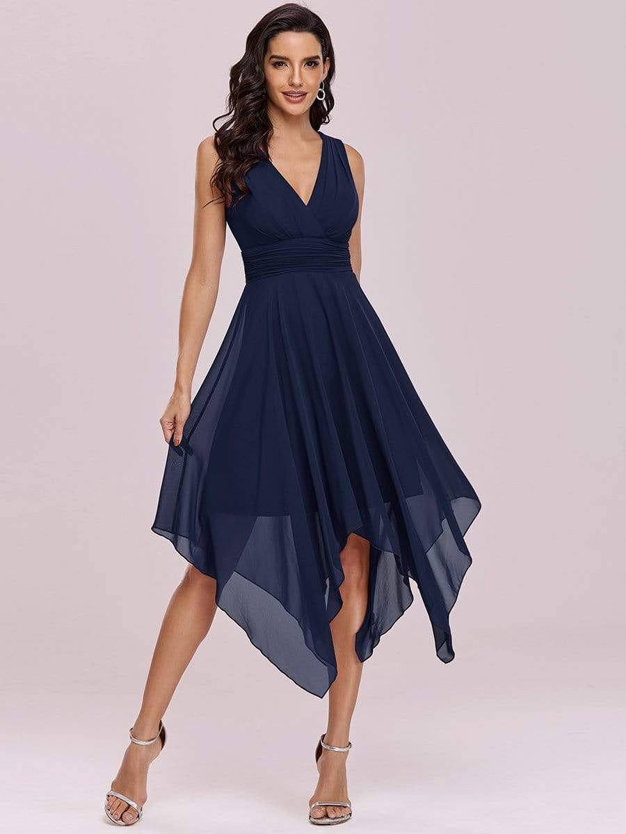 Custom Size Knee Length Chiffon Bridesmaid Dress with Irregular Hem #color_Navy Blue