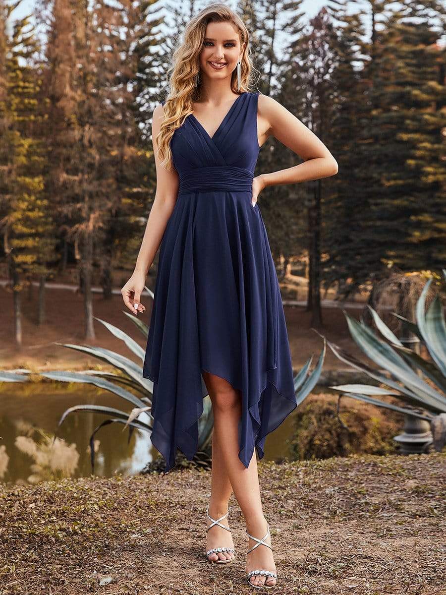 Simple V-Neck Irregular Hem Chiffon Midi Bridesmaid Dress #color_Navy Blue