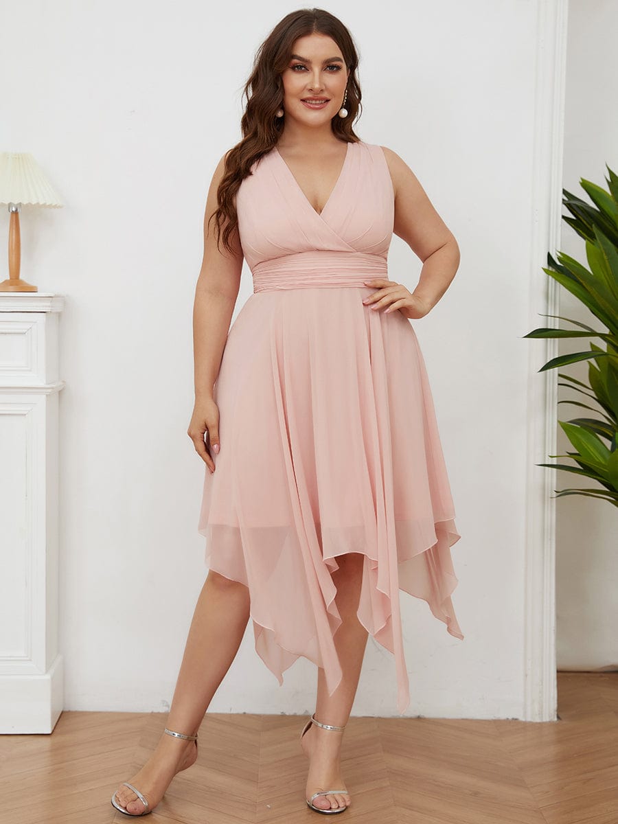 Plus Size Knee Length Asymmetrical Hem Chiffon Bridesmaid Dress #color_Pink