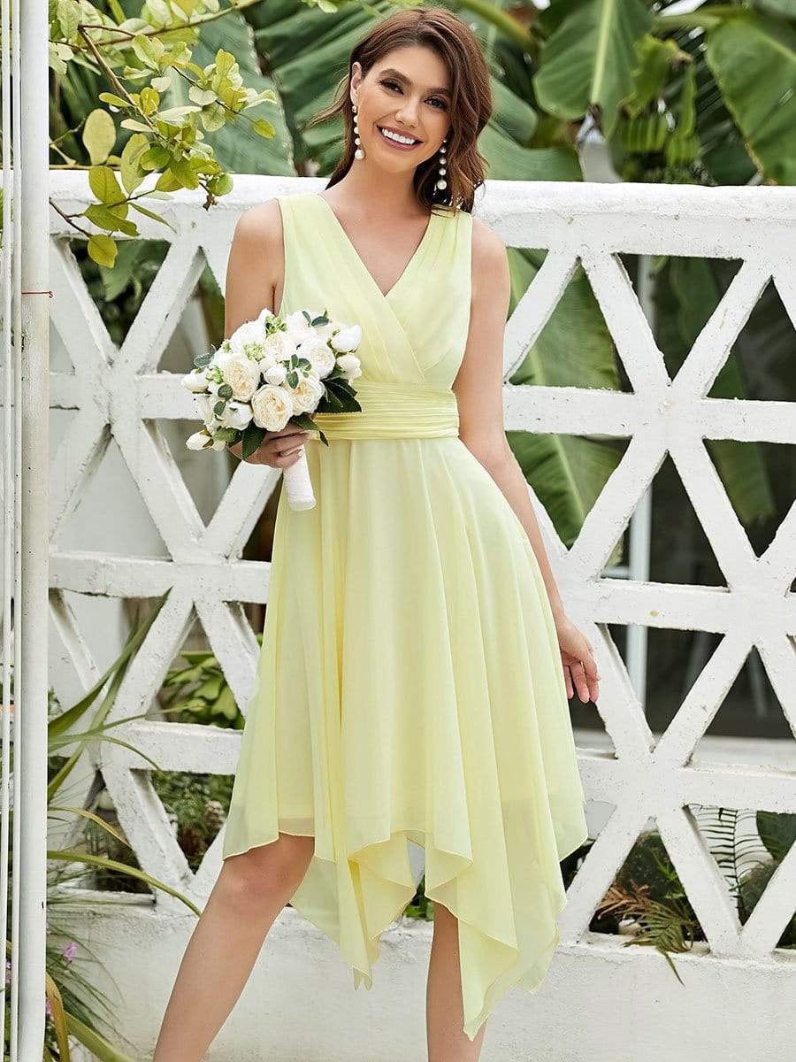 Knee Length Chiffon Bridesmaid Dress with Irregular Hem #color_Yellow