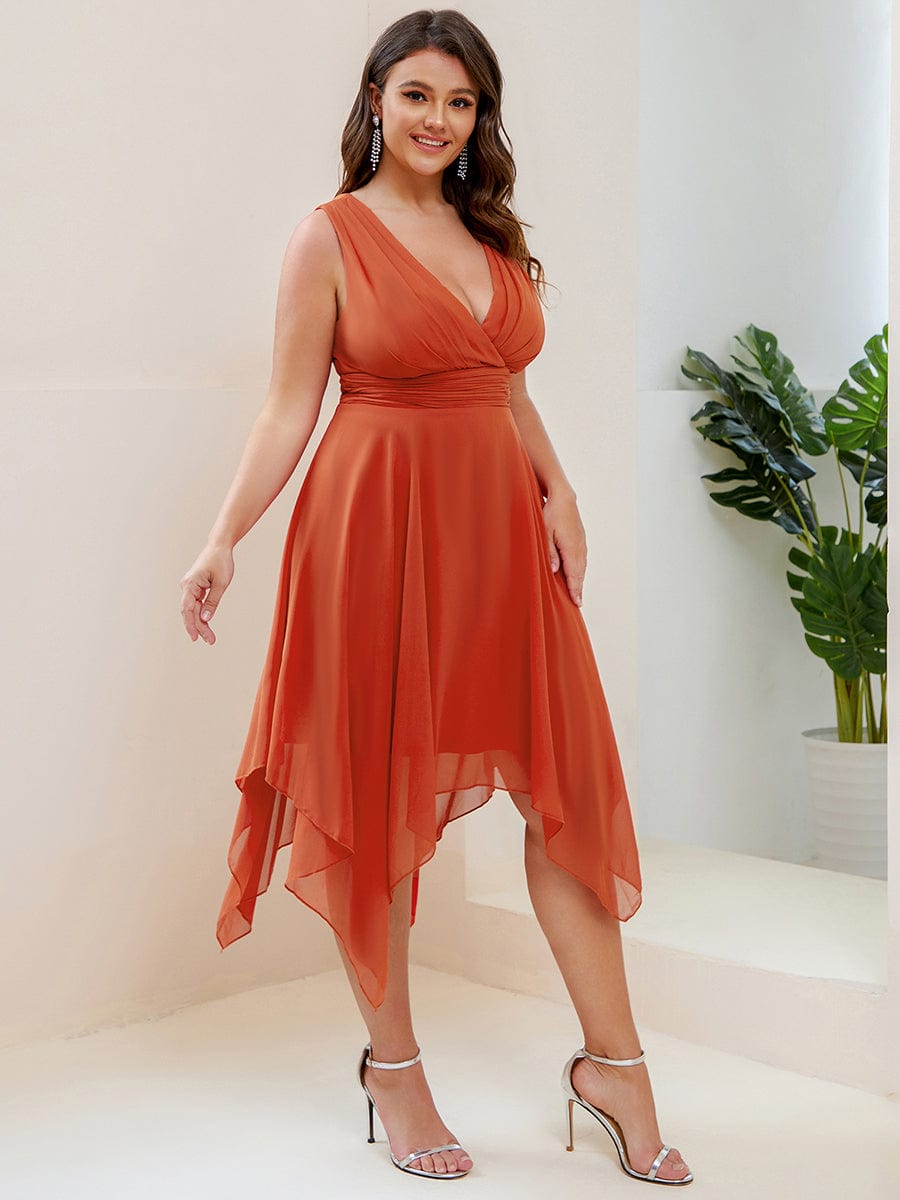 Plus Size Knee Length Asymmetrical Hem Chiffon Bridesmaid Dress #color_Burnt Orange