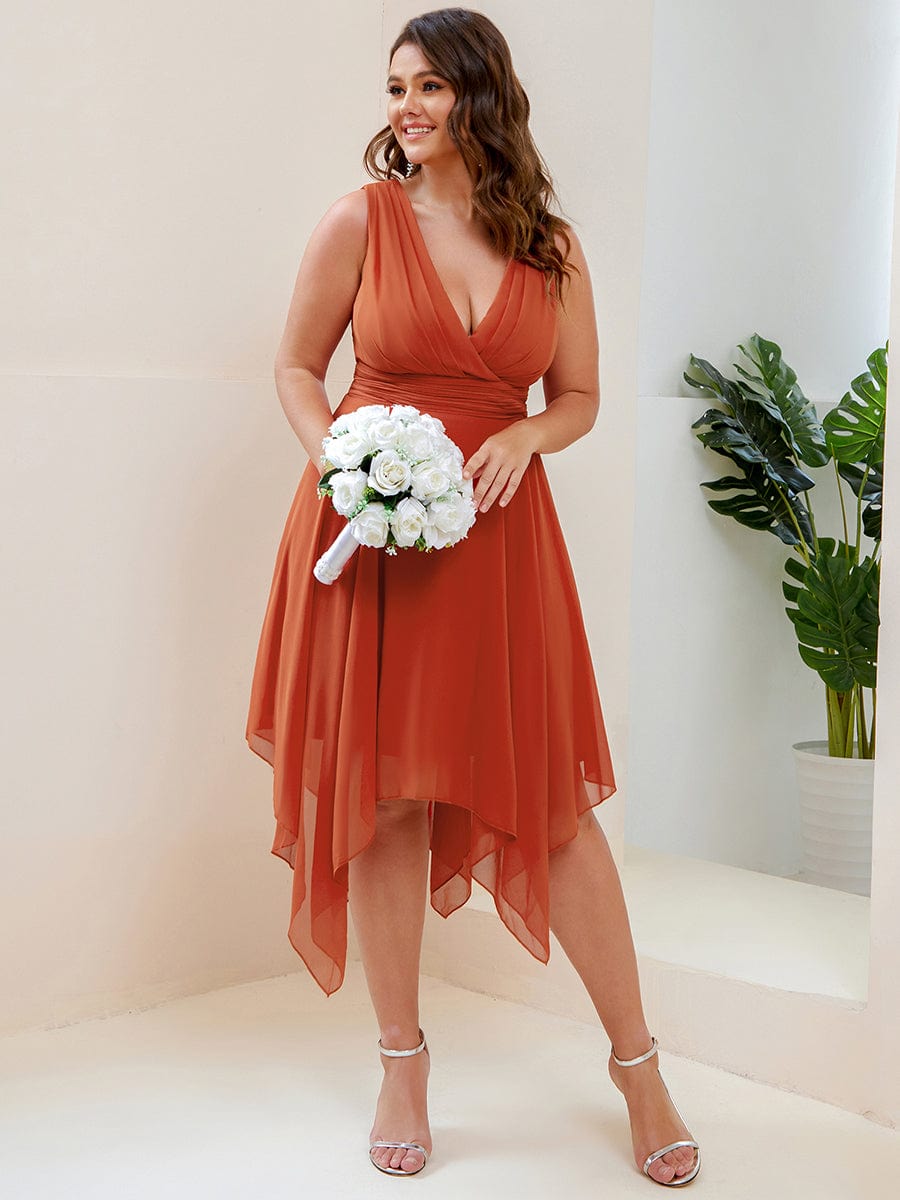 Plus Size Knee Length Asymmetrical Hem Chiffon Bridesmaid Dress #color_Burnt Orange