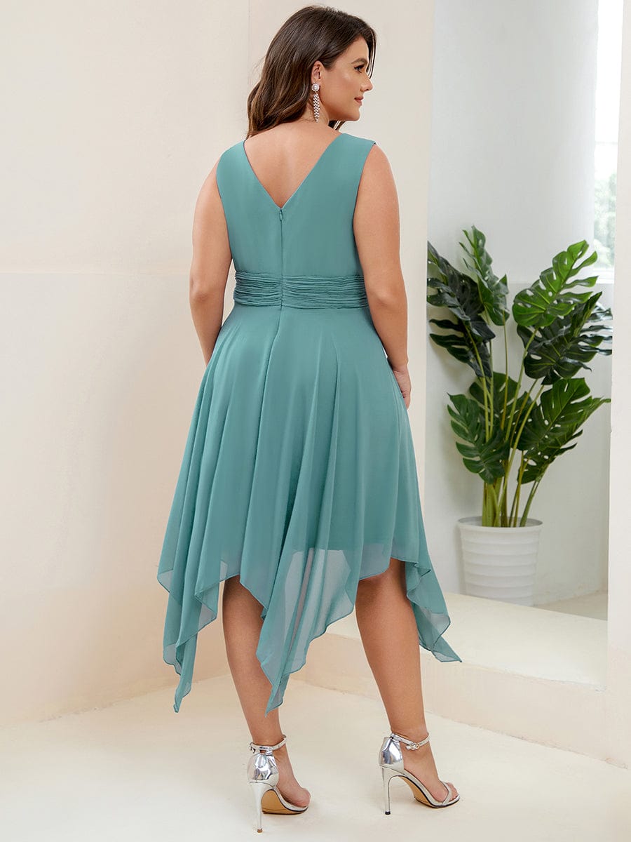 Plus Size Knee Length Asymmetrical Hem Chiffon Bridesmaid Dress #color_Dusty Blue