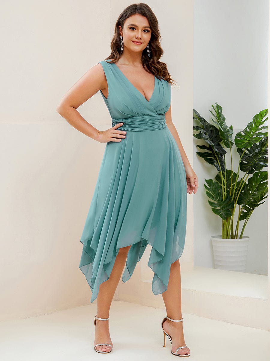 Plus Size Knee Length Asymmetrical Hem Chiffon Bridesmaid Dress #color_Dusty Blue