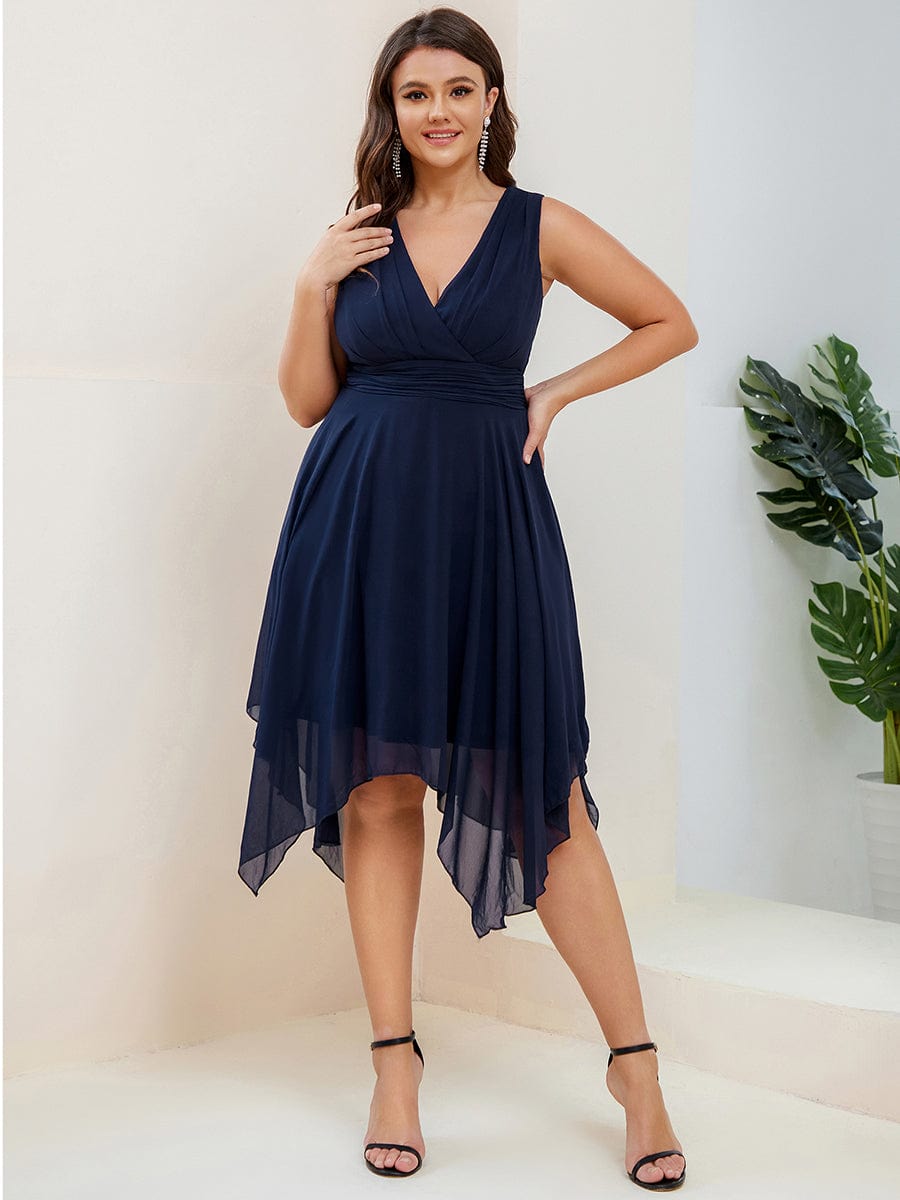 Plus Size Knee Length Asymmetrical Hem Chiffon Bridesmaid Dress #color_Navy Blue