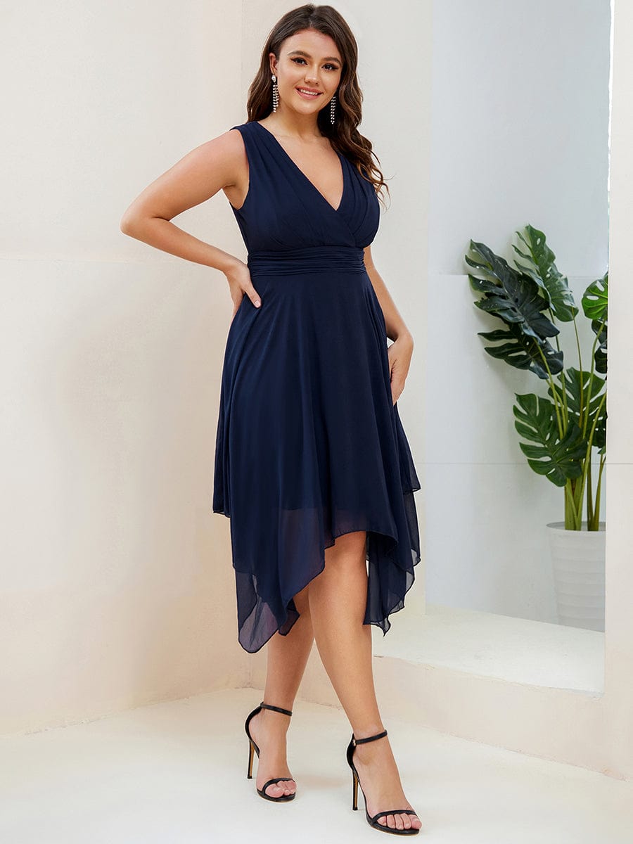 Plus Size Knee Length Asymmetrical Hem Chiffon Bridesmaid Dress #color_Navy Blue