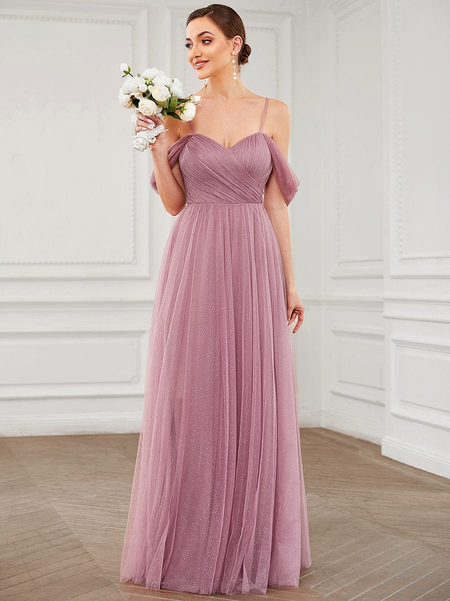 Custom Size Tulle Sweetheart Spaghetti Strap Draped Sleeve Bridesmaid Dress #Color_Purple Orchid