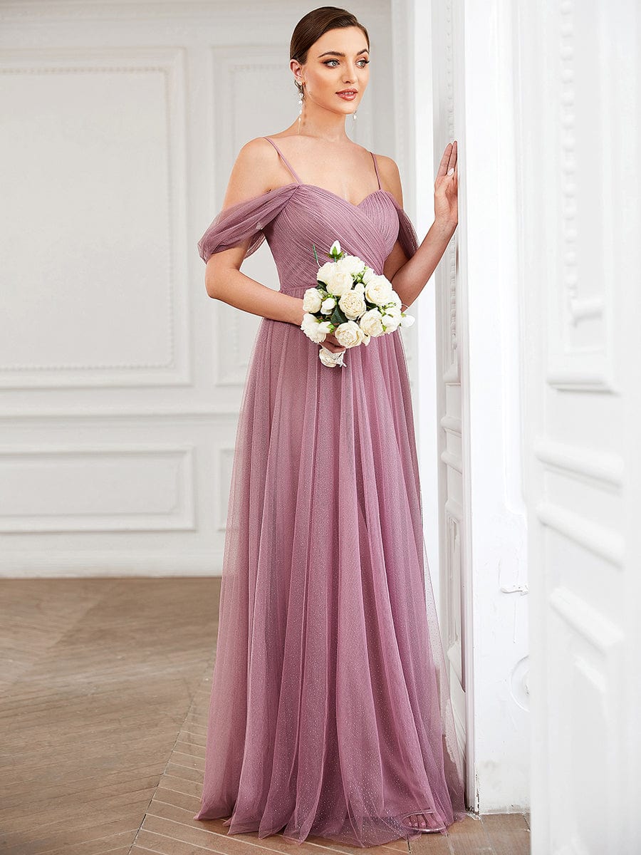 Custom Size Tulle Sweetheart Spaghetti Strap Draped Sleeve Bridesmaid Dress #Color_Purple Orchid