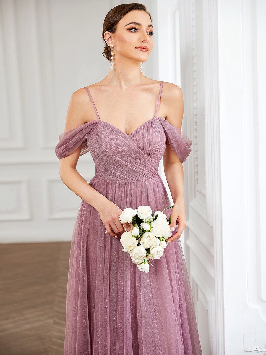 Custom Size Tulle Sweetheart Spaghetti Strap Draped Sleeve Bridesmaid Dress #Color_Purple Orchid