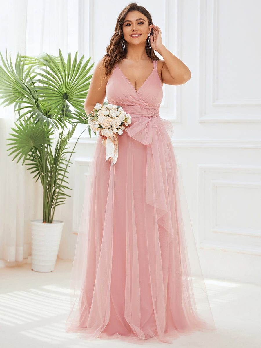 Floor Length Double V Neck Tulle Bridesmaid Dresses #color_Blush