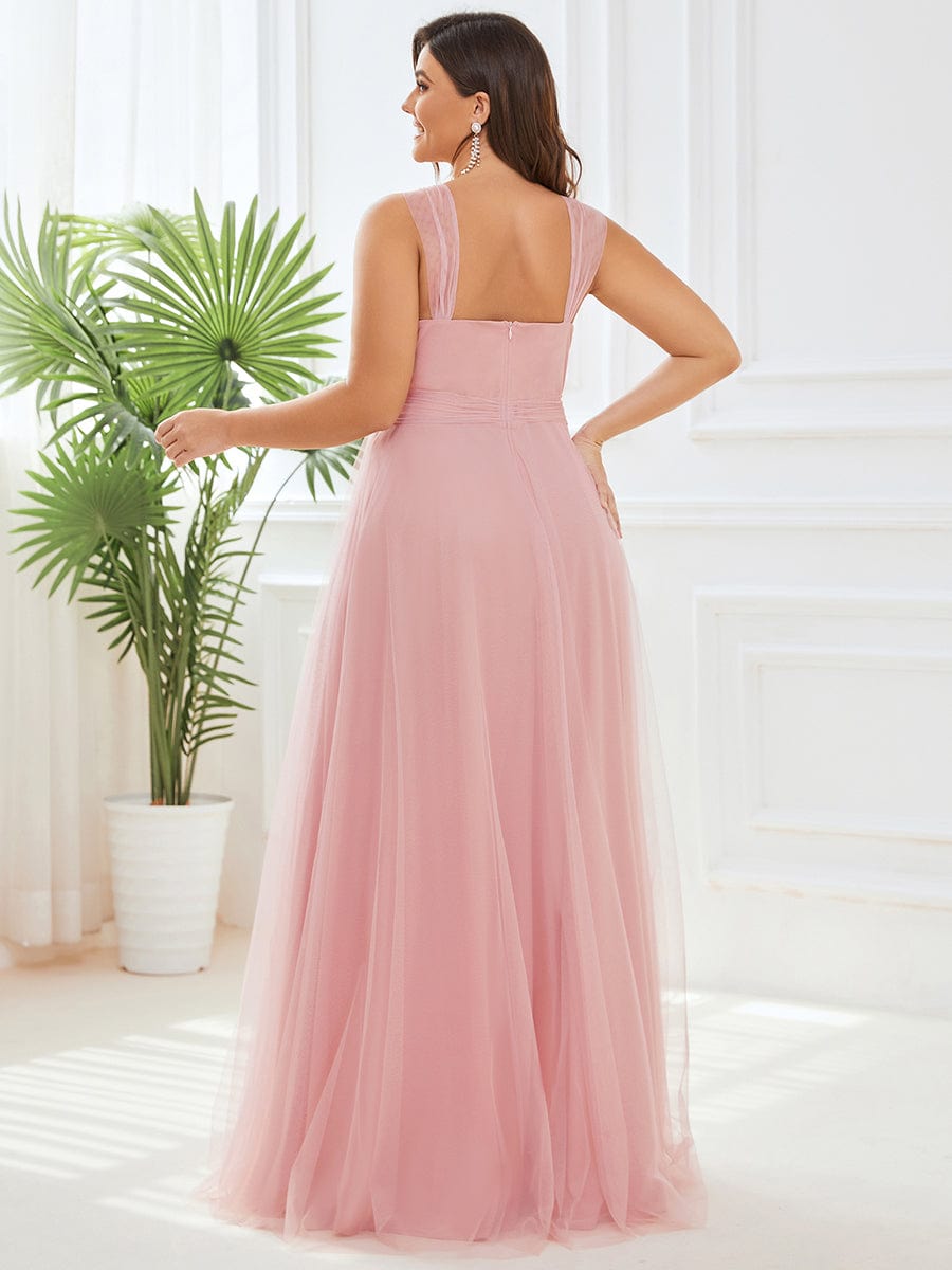 Floor Length Double V Neck Tulle Bridesmaid Dresses #color_Blush