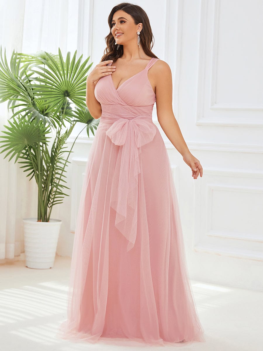 Plus Size Maxi Long Double V Neck Tulle Bridesmaid Dresses #color_Blush