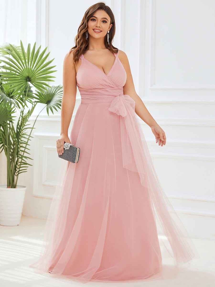 Plus Size Maxi Long Double V Neck Tulle Bridesmaid Dresses #color_Blush