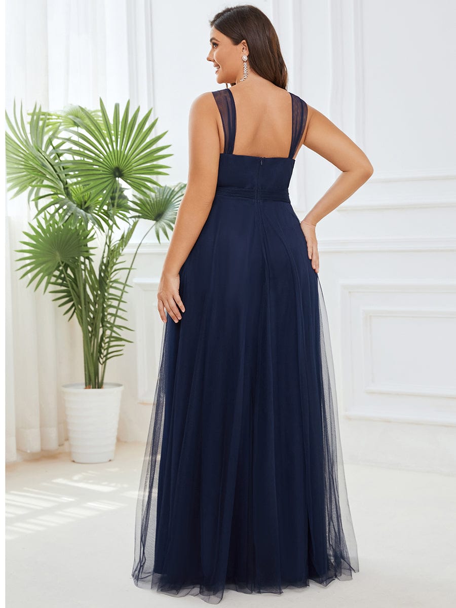 Floor Length Double V Neck Tulle Bridesmaid Dresses #color_Navy Blue