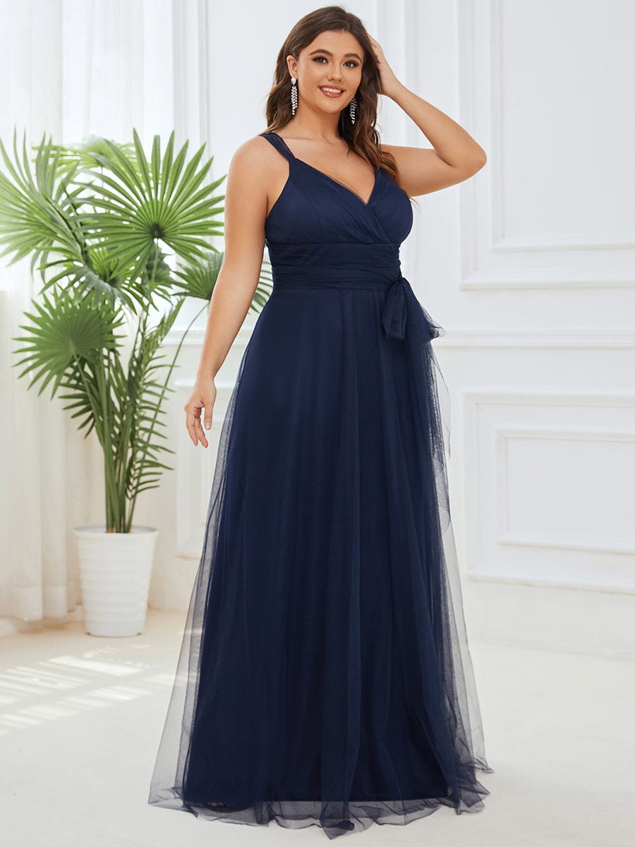 Floor Length Double V Neck Tulle Bridesmaid Dresses #color_Navy Blue