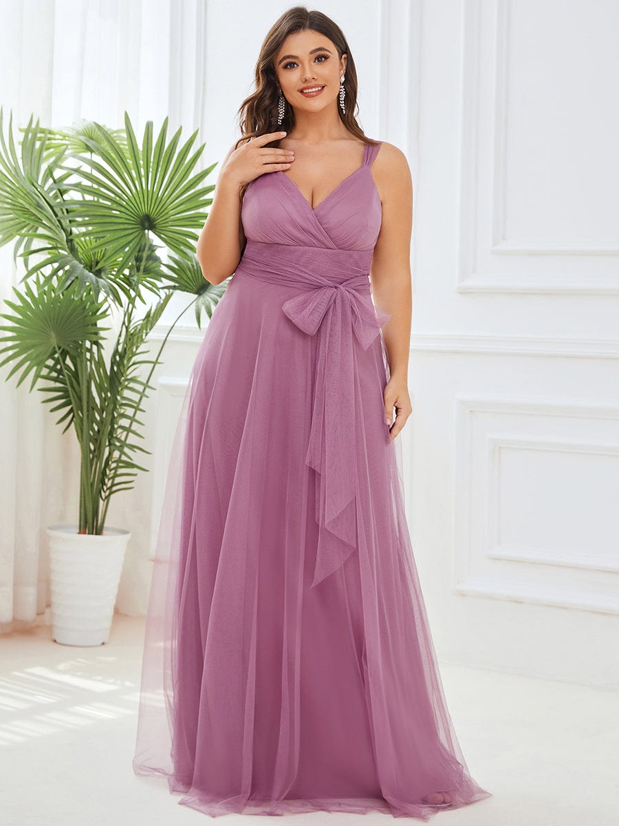 Plus Size Maxi Long Double V Neck Tulle Bridesmaid Dresses #color_Purple Orchid