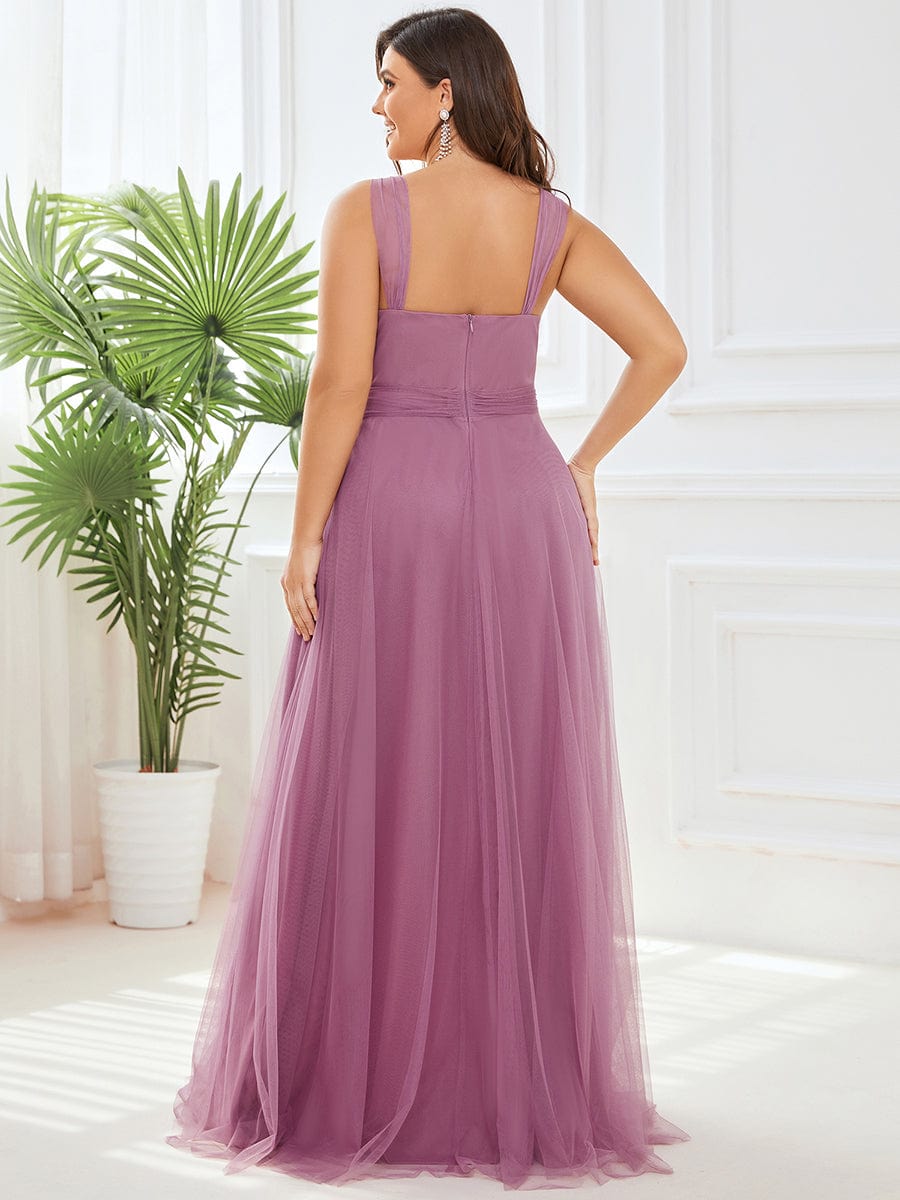 Plus Size Maxi Long Double V Neck Tulle Bridesmaid Dresses #color_Purple Orchid