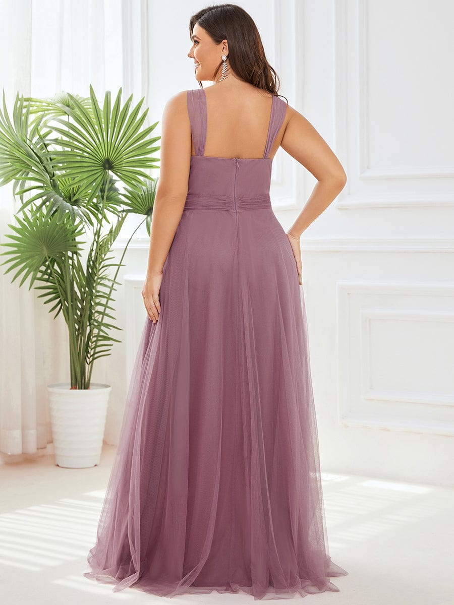 Floor Length Double V Neck Tulle Bridesmaid Dresses #color_Purple Orchid