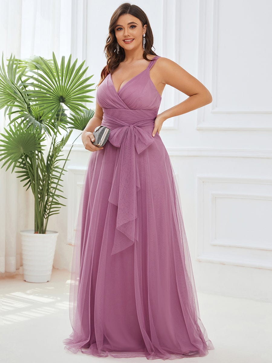 Plus Size Maxi Long Double V Neck Tulle Bridesmaid Dresses #color_Purple Orchid