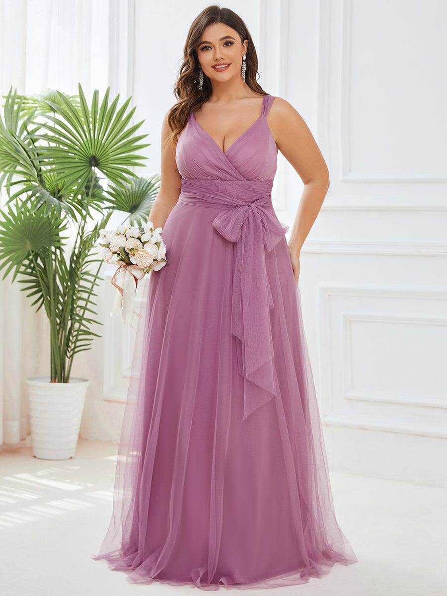 Plus Size Maxi Long Double V Neck Tulle Bridesmaid Dresses #color_Purple Orchid