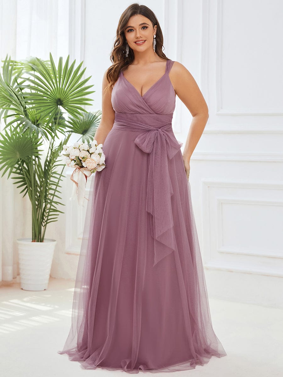 Floor Length Double V Neck Tulle Bridesmaid Dresses #color_Purple Orchid